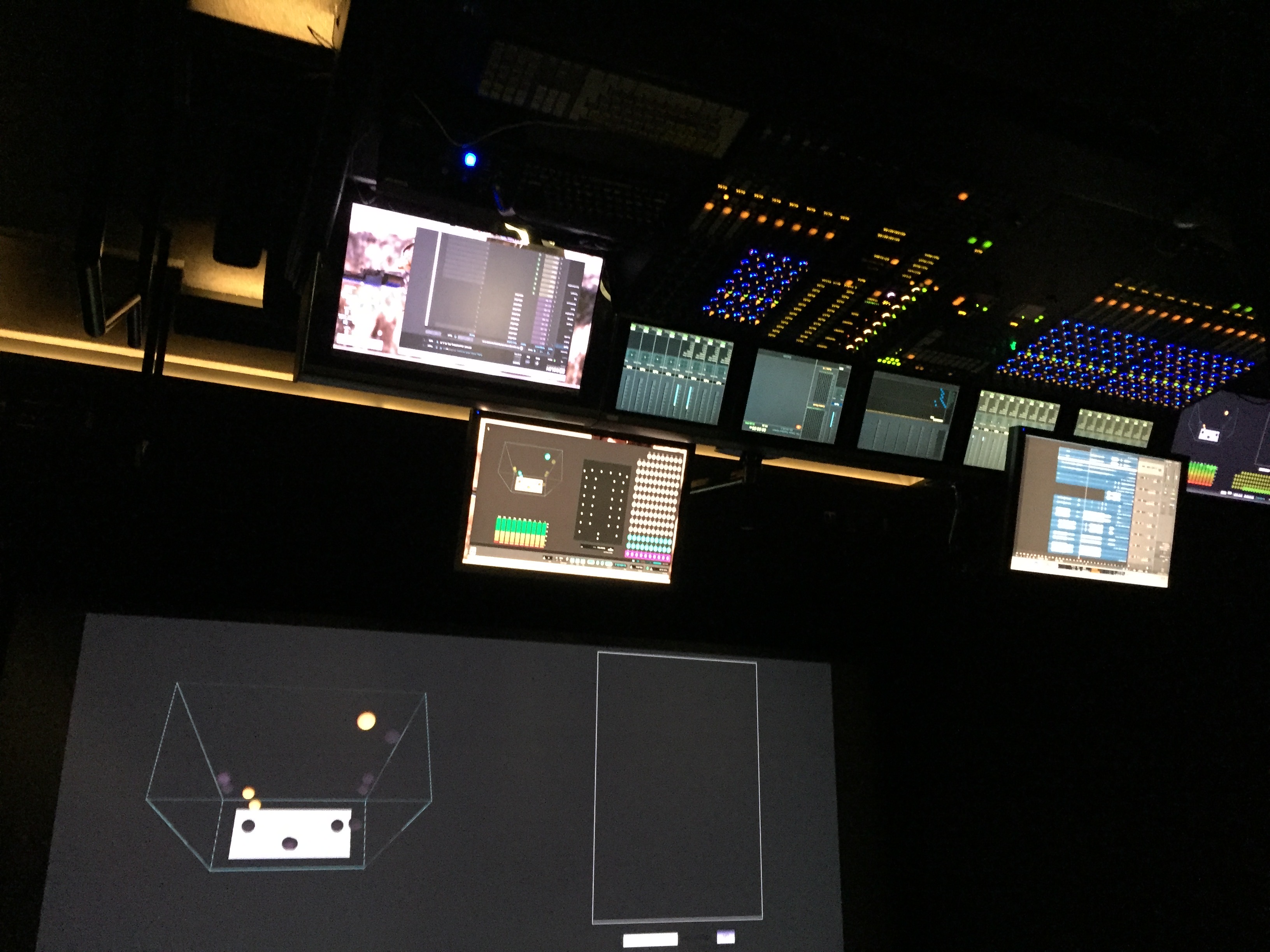 Mix stage with LCR studio monitors and immersive visualization.